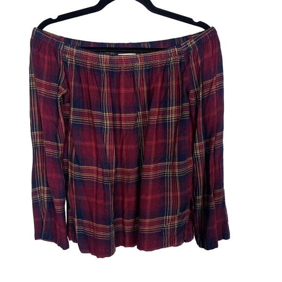 Cloth & Stone XSmall XS Red Blue Plaid Off The Shoulder Blouse Top Long Sleeve - Picture 1 of 7